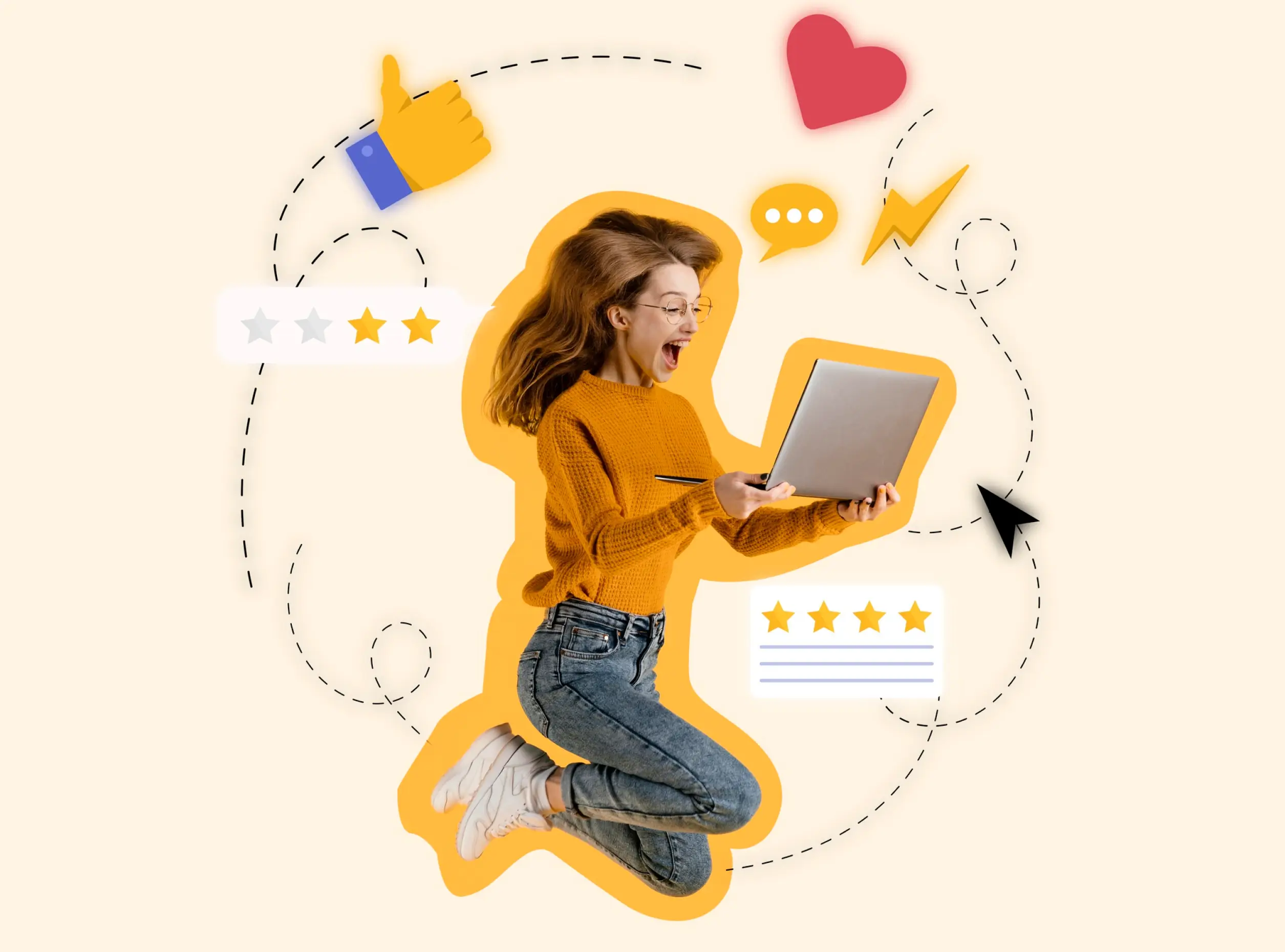 lively-digital-marketing woman holding laptop jumping up with joy.