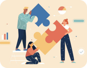 three people each holding a puzzle piece and putting them together.