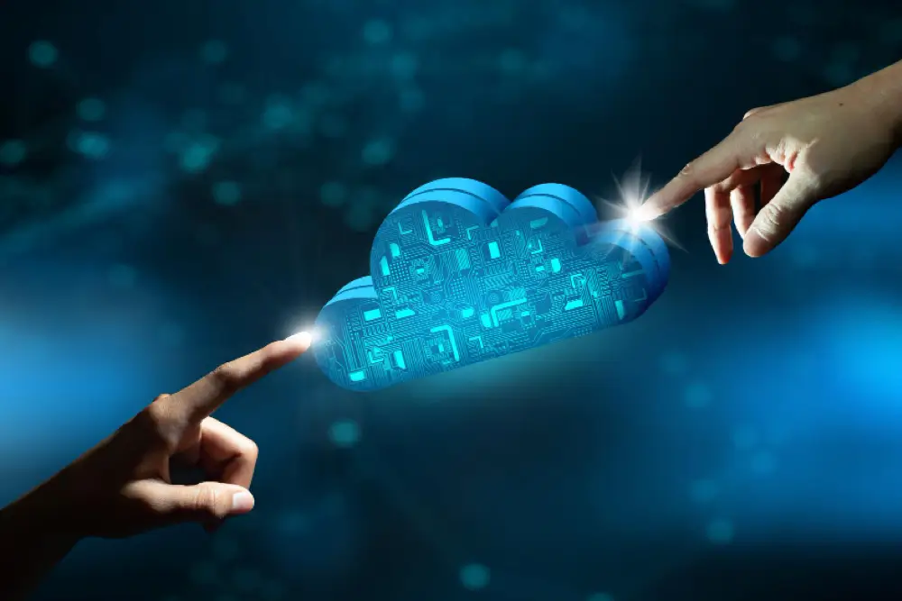 cloud-solutions two index fingers from different hands touch a digital cloud with circuitry.
