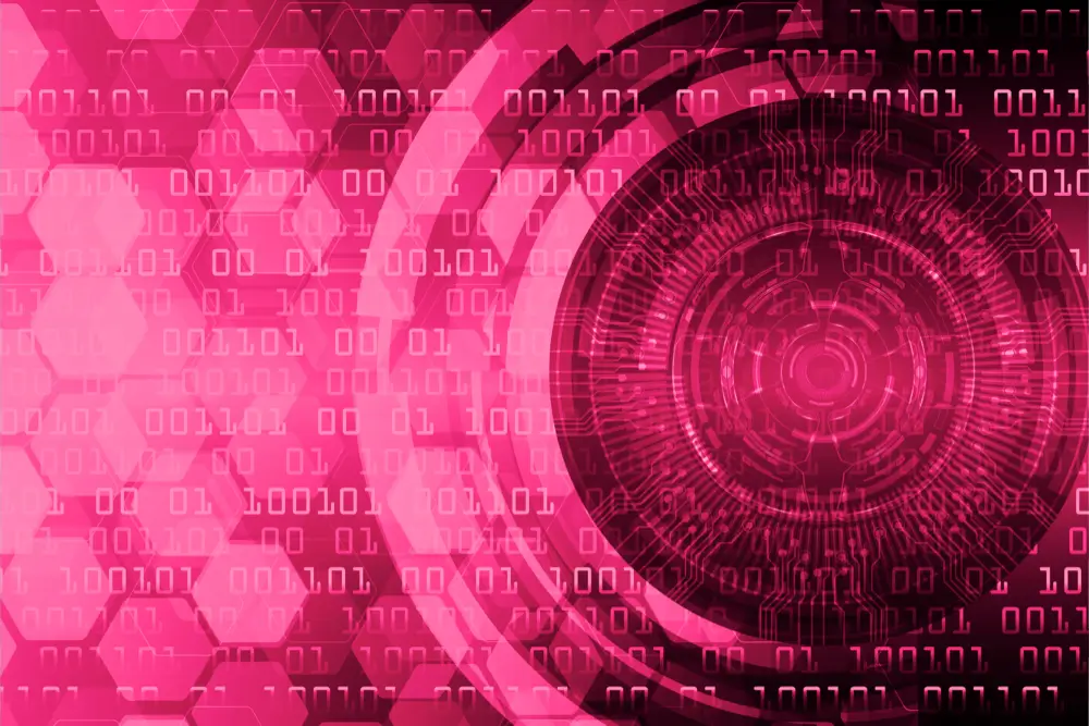 edge-tech a robotic eye with binary numbers displaying horizontally.