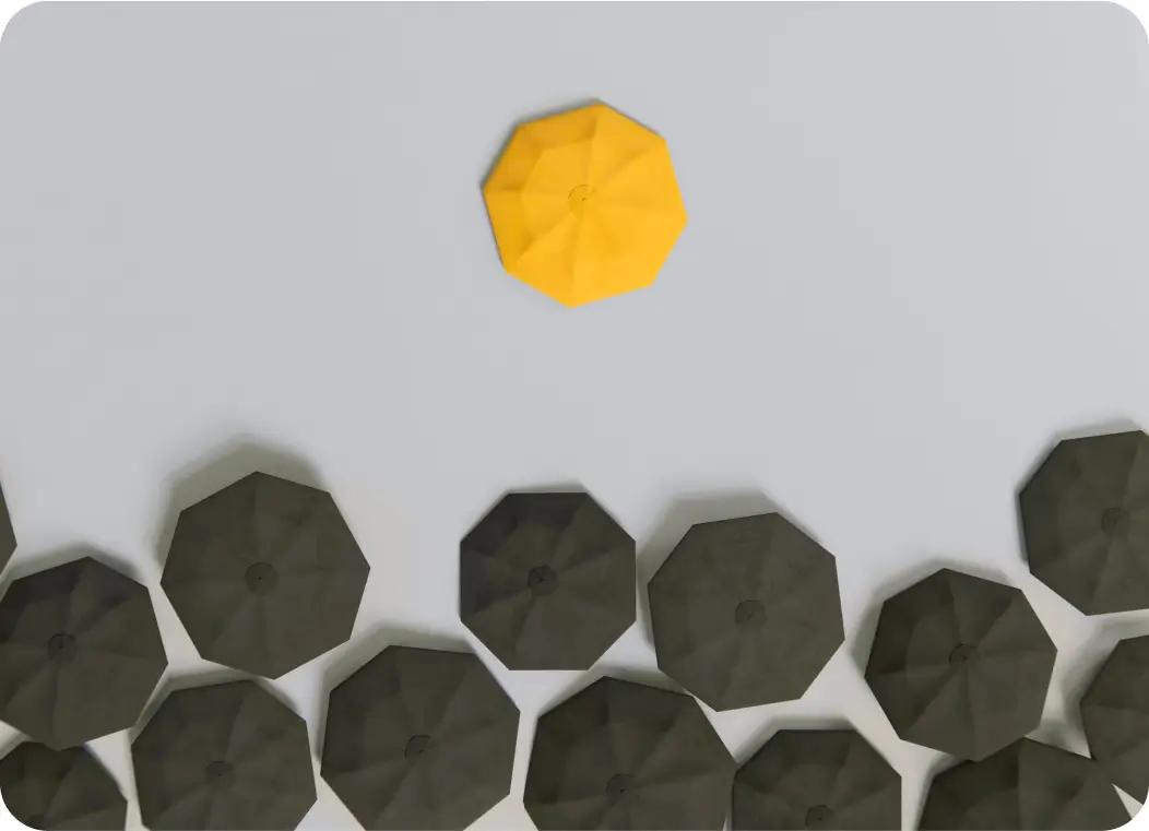 a-stronger-brand one yellow umbrella at the top with a bunch of black umbrellas along the bottom half.