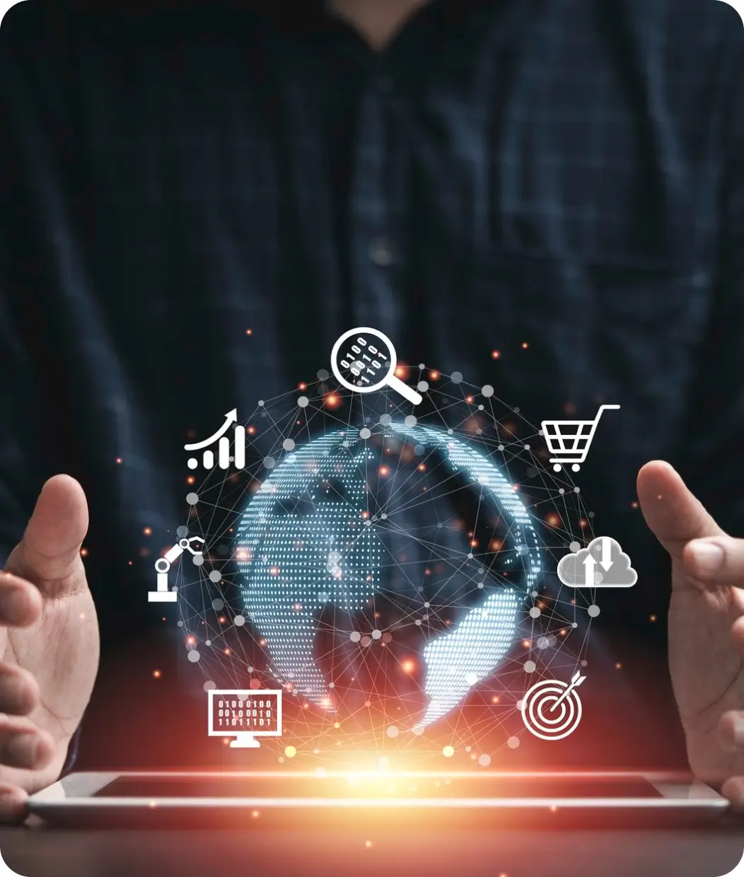digital-marketing-meet-you person putting hands around mobile device with different digital marketing ideas, such as search, shopping, and analytics.