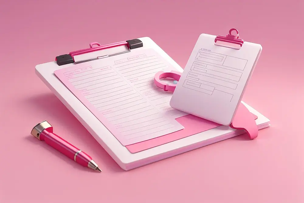 local-iq-assessment a clipboard and pen on pink background.
