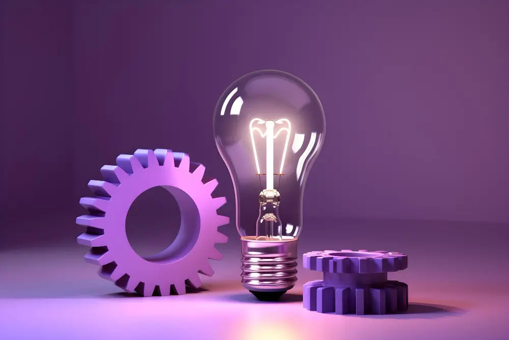 local-iq-learning lightbulb shining with gears on purple background.
