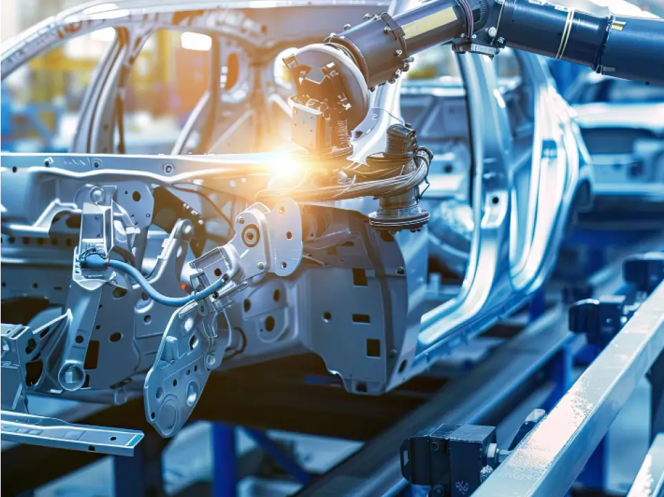 automotive-industry-image car manufacturing robot assembling the frame of a car.