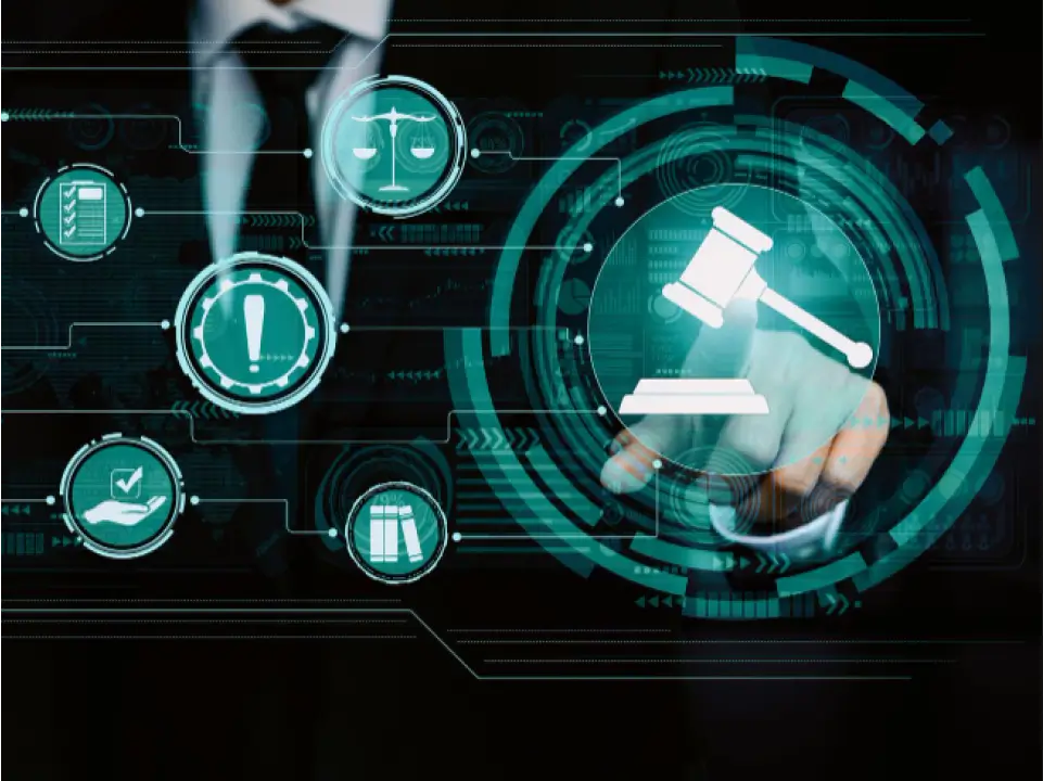 legal-industry-image lawyer pressing digital gavel with lawyer service icons, such as contract icon, justice icon, and caution icon, surrounding it.