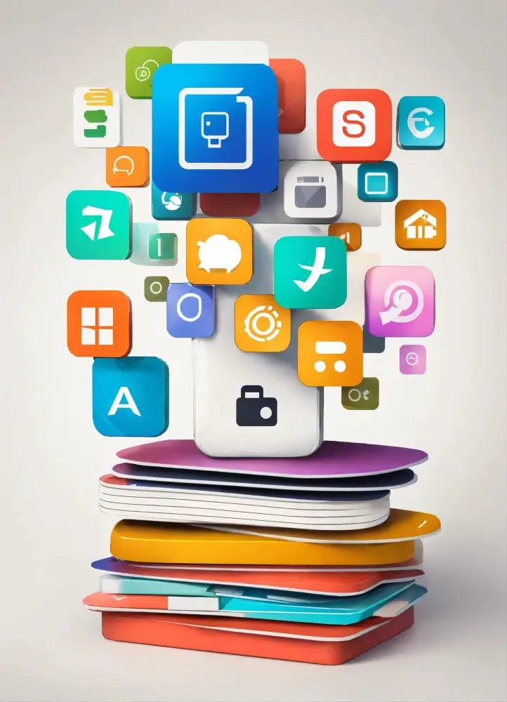 digital-transformation-app-integrations-mobile-e1734108366605 stack of color cards with random app icons floating above them.