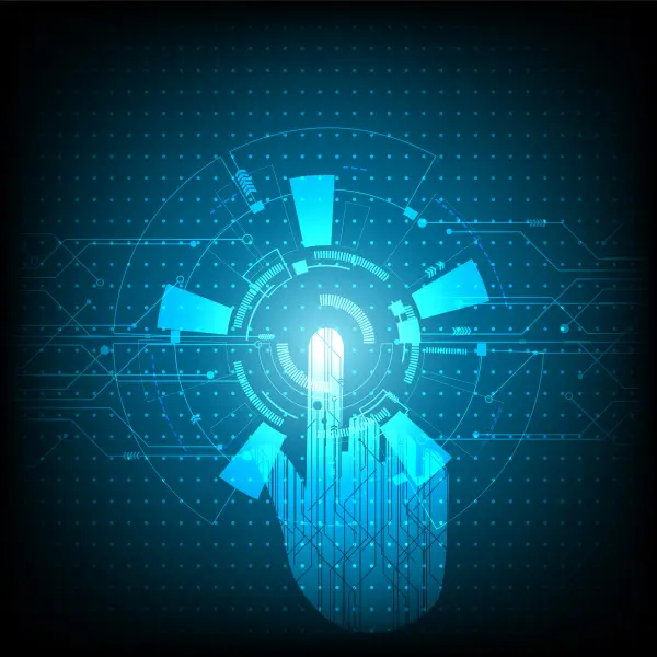 digital-transformation-information digital hand pressing the center of a blueprint.