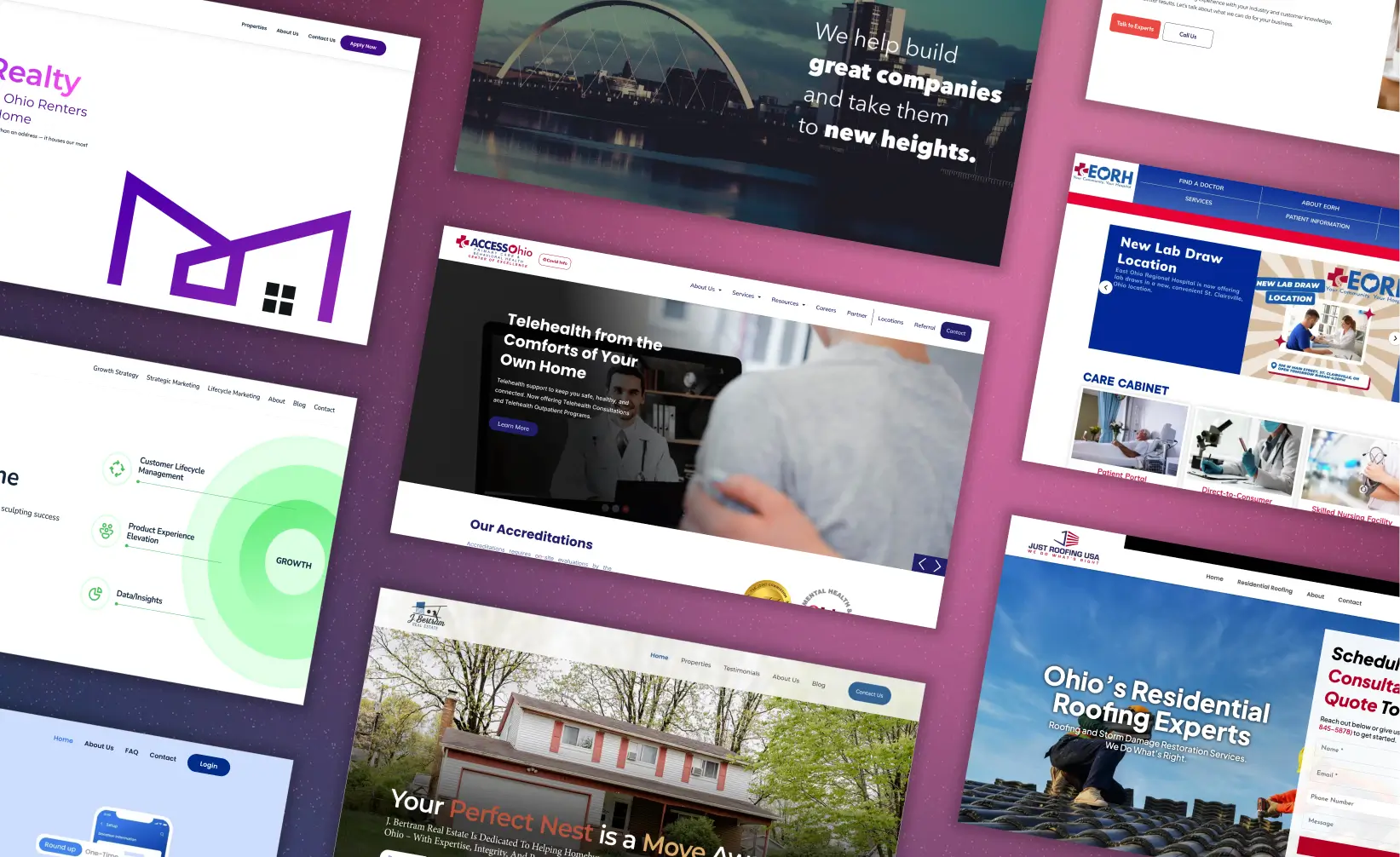 uplancer-web-design-portfolio uplancer web design collage of all client websites, including just roofing usa, east ohio regional hospital, and more.